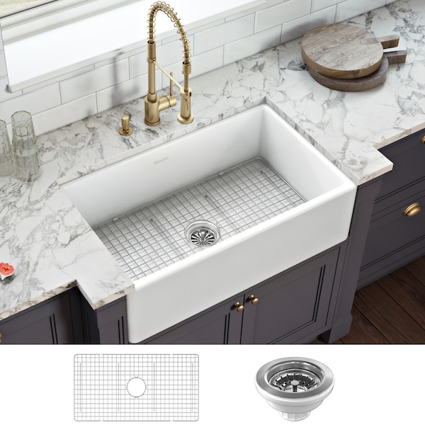 Ruvati 33"x20" Farmhouse Apron-Front Kitchen Sink Sgl Bowl, Wht RVL2300WH - main